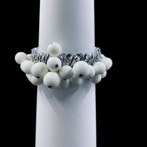 Chunky Silver Chain Bracelet White Beaded Stretch Statement Bold Modern Chic - Picture 7 of 9
